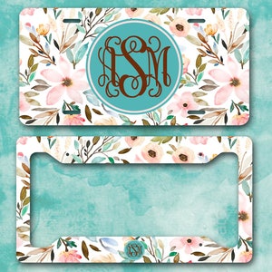 Monogram License Plate/Custom License Plate/Monogram License Plate Frame/Floral License Plate/Floral Water Color Monogram Car Tag