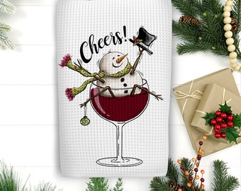 Cheers Snowman Wine Towel-Wine Snowman Towel-Snowman Waffle Towel-Wine Drinkers Gift-Funny Wine Gift