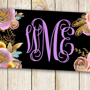 Floral Monogram License Plate, Floral License Plate Frame, Roses License Plate, Monogram License Plate, Monogram Car Tag,Roses Plate Frame