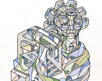 May include: Abstract geometric drawing of a person with a third eye, rendered in shades of blue, green, and brown.