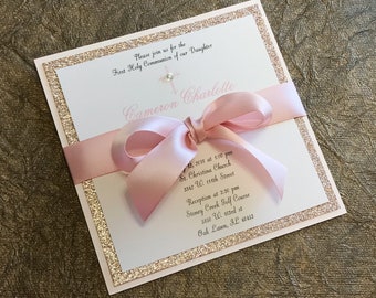 Girl Christening Invitation Girl Blush Christening Invitation Rose Gold Ribbon