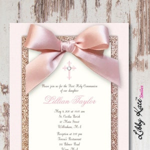 Rose Gold First Communion Invitation Rose Gold Baptism Glitter Elegant Invitation with Bow 1st Holy Communion