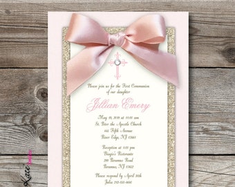 Blush and Gold First Communion Invitation Girl First Holy Communion Invitation Blush and Gold Glitter Invitation