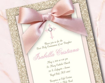 Girl First Communion Invitation Girl First Holy Communion Invitation Blush and Gold 1st Communion Invite Elegant Communion Invitations