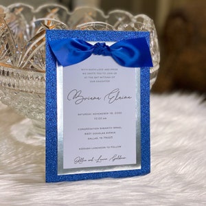 Royal Blue Bat Mitzvah Invitation Royal Blue Quinceanera Invitation Royal Blue Glitter and Silver Foil Sweet 16 Invitation