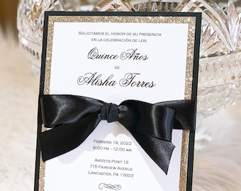 Black and Gold Wedding Invitation Black and White Wedding Invitation Black Tie Formal Elegant Unique Sparkle with Ribbon & With Envelopes