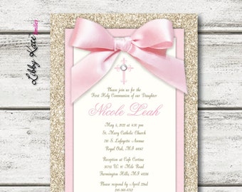 Pink and Gold First Communion Invitation Girl First Holy Communion Invitation
