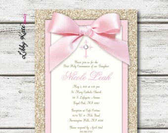 May include: Gold glitter background with a pink ribbon bow and a white card with the text "Please join us for the First Holy Communion of our Daughter Nicole Leah" and details of the event.