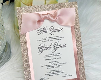 Rose Gold Mis Quince Invitation Quinceanera Invite Sweet 15 Birthday Party Sweet 16 Elegant Glitter with Ribbon Unique Spanish English