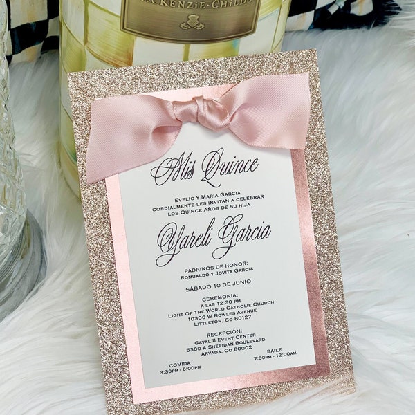 Rose Gold Mis Quince Invitation Quinceanera Invite Sweet 15 Birthday Party Sweet 16 Elegant Glitter with Ribbon Unique Spanish English