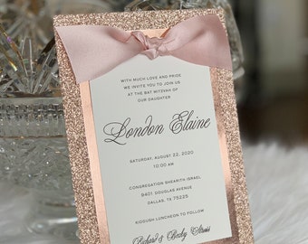 Glitter Wedding Invitation Rose Gold Glitter Anniversary Party Invitation Elegant Wedding Invitation with Ribbon with Envelope Printed