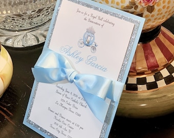 Princess Quinceanera Invitation Princess Sweet 16 Invitation Elegant Blue and Silver Glitter Cinderella