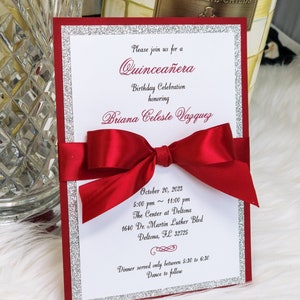 Red Quinceanera Invitation Red with Ribbon 5x7 Printed Quinceanera Invite 15th Birthday Mis Quince Anos Spanish Red Sweet 16 Invitation Red
