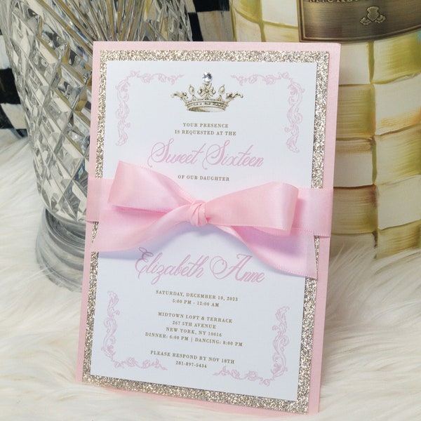 Quinceanera Invitation Pink and Gold Princess Quinceanera Invite Crown Fairytale Invitation Elegant Glitter Invitation Light Pink Formal