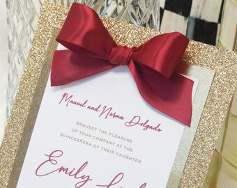 Red Quinceanera Invitation Red Quince Invite Red Sweet 16 Invitation Red and Gold Glitter with Ribbon 15th Birthday Invitation Red Elegant