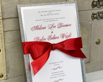 Elegant Red and White Wedding Invitation Red Quinceanera Invitation Red and Silver Sweet 16 Invitation with Ribbon Romantic Wedding Unique