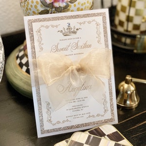 Gold Sweet 16 Invitation Gold and White Wedding Invitation Gold Quinceanera Invitation with Ribbon Birthday Elegant Glitter Invite Unique