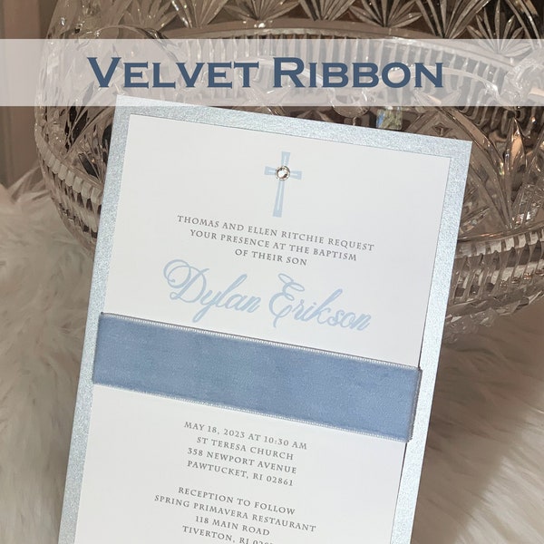 Elegant Boy Baptism Invitation Communion Invitation Elegant Velvet Ribbon Invitation Unique Handmade Invitation First Communion Dusty Blue