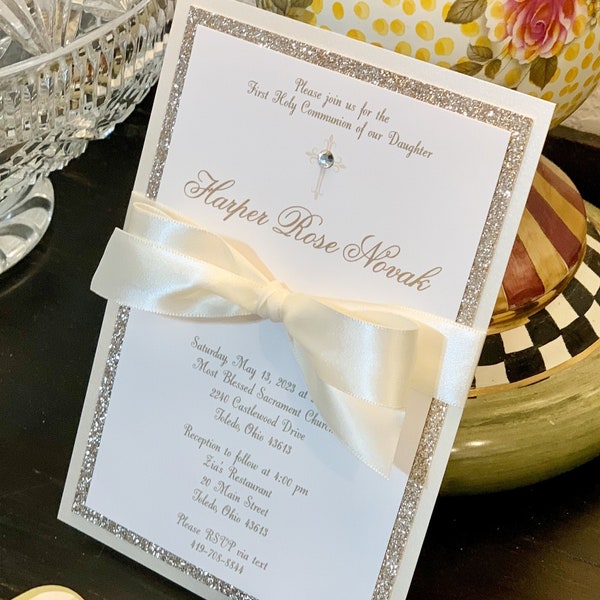 Communion Invitation Gender Neutral First Communion Invitation Baptism Invitation Cream Christening Invite Champagne Glitter Elegant Ribbon