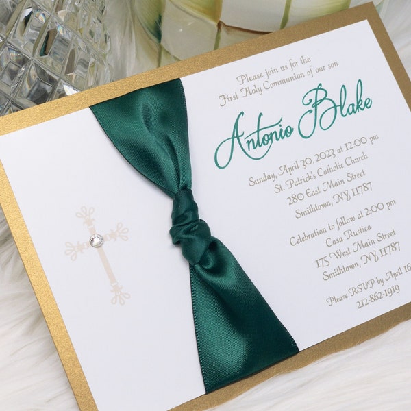 Emerald and Gold First Communion Invitation Boy 1st Communion Invite Elegant Communion Invitation with Ribbon Printed in Spanish Catholic