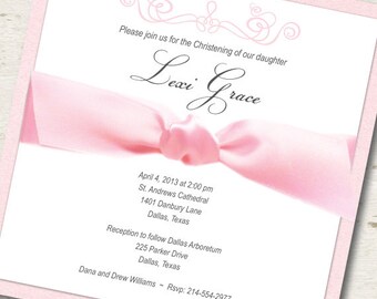 Girl Baptism Invitation Christening Pink Ribbon