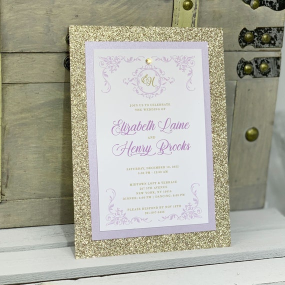 Vintage Wedding Invitation Lavender and Gold Romantic Wedding Invitation Once Upon a Time Rapunzel Wedding Invitation Quinceanera Invitation