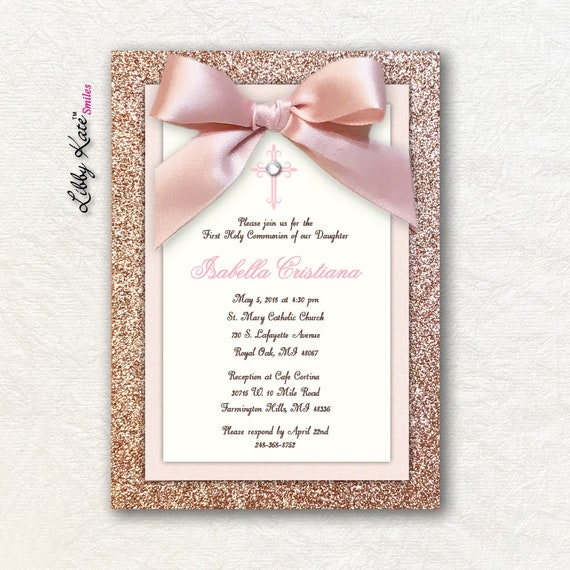 Rose Gold First Communion Invitation Girl First Holy Communion Etsy