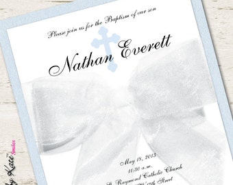 Boy Baptism Invitation Christening White Ribbon