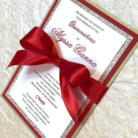 Gold Glitter Multi Layers Wedding Invitations with Ribbon Bow, Customi