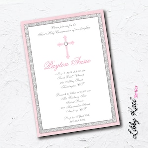 Communion Invitation Girl Communion Glitter Invitation Silver Glitter Pink