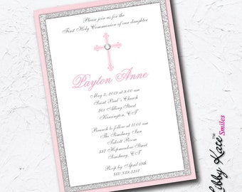 Communion Invitation Girl Communion Glitter Invitation Silver Glitter Pink