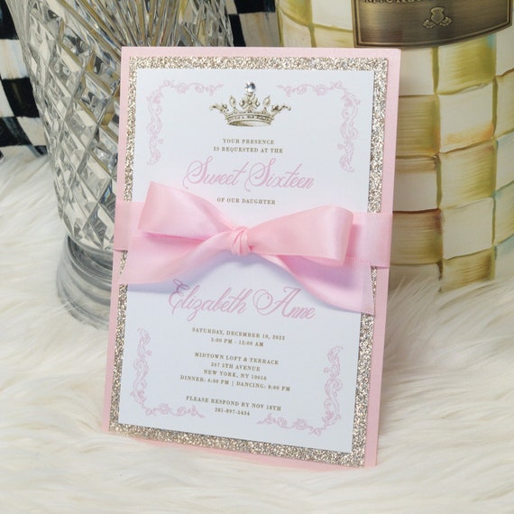 Quinceanera Invitation Pink and Gold Princess Quinceanera Invite Crown Fairytale Invitation Elegant Glitter Invitation Light Pink Formal
