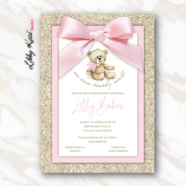Girl Baby Shower Invitation Bear Baby Shower Invitation Girl Etsy