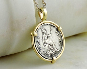 Coin Necklace with Antique William IV 1836 Sterling Silver Fourpence Groat in Handmade 14k Yellow Gold Pendant Setting