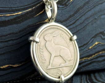 Free State Ireland Coin Jewelry with Vintage Rabbit Hare Coin in Handmade Sterling Silver Pendant Setting