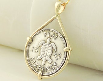 Sixpence Coin Jewelry with Vintage 1942 Fiji Turtle Silver Sixpence in Handmade 14k Yellow Gold Pendant Setting