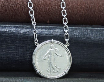 France Coin Jewelry with Vintage 1962 Roty Silver Five Franc French Coin in Handmade Silver Pendant Setting