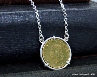 Italy Coin Jewelry with Vintage Italian 20 Lire Coin in Handmade Sterling Silver Necklace