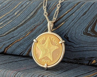 Birthday Coin Jewelry with Bahamas Starfish Coin in Sterling Silver Handmade Pendant