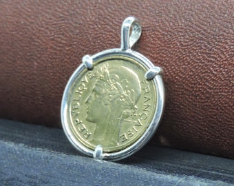 Vintage France Morlon Art Deco Centimes French Coin in Handmade Sterling Silver Pendant Setting