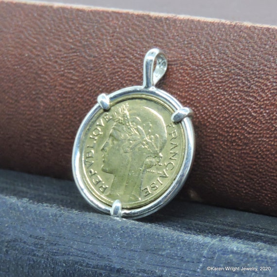 Vintage France Morlon Art Deco Centimes French Coin in Handmade Sterling Silver Pendant Setting