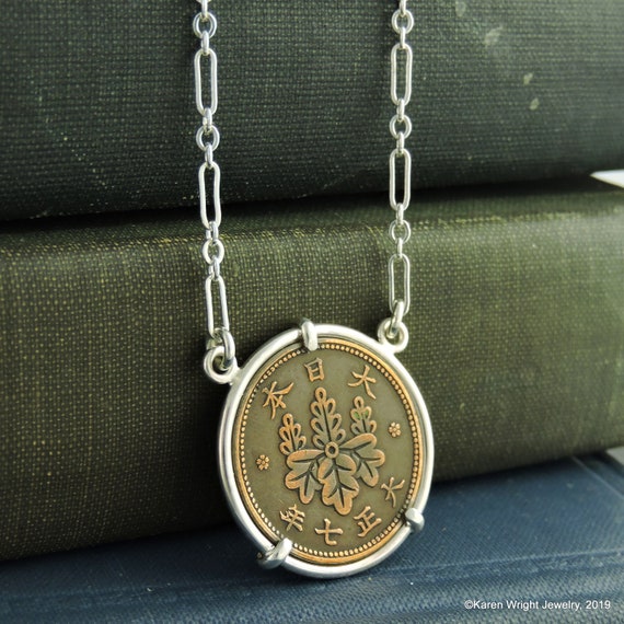 Coin Necklace with Vintage Japan Showa 1 Sen Coin in Handmade Pendant Sterling Silver Setting