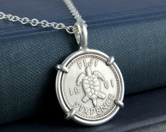 Fiji Sixpence Coin Jewelry with Elizabeth II Turtle Coin in Handmade Sterling Silver Pendant Setting