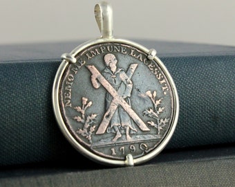 Scotland Coin Jewelry with Antique 1790 Edinburgh Half Penny Token in Handmade Sterling Silver Pedant Setting