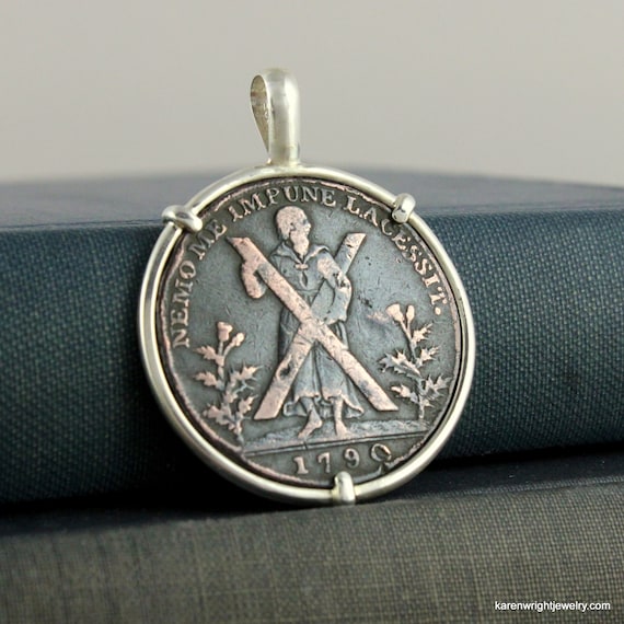 Scotland Coin Jewelry with Antique 1790 Edinburgh Half Penny Token in Handmade Sterling Silver Pedant Setting