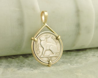 Ireland Coin Jewelry with Vintage Irish Rabbit Coin in Handmade 14k Yellow Gold Pendant Setting