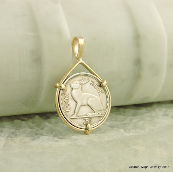 Ireland Coin Jewelry with Vintage Irish Rabbit Coin in Handmade 14k Yellow Gold Pendant Setting