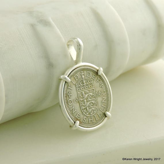 United Kingdom Coin Jewelry with Vintage Elizabeth II One Shilling in Handmade Sterling Silver Pendant Setting