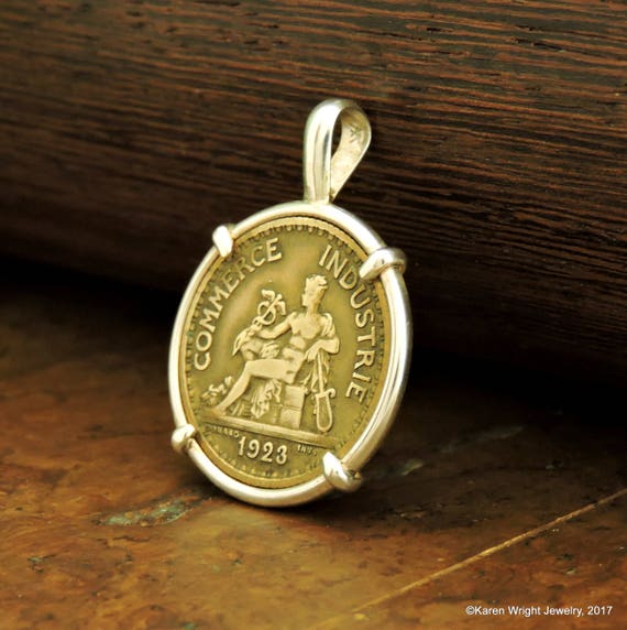 France Coin Jewelry with Vintage 1 Franc Coin in Handmade Pendant