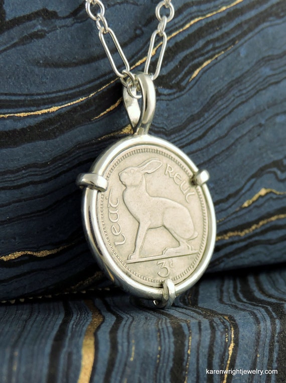 Free State Ireland Coin Jewelry with Vintage Rabbit Hare Coin in Handmade Sterling Silver Pendant Setting